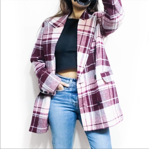 NWT 7 For All Mankind Plaid Oversized Boyfriend Wool Blazer Jacket Pea Coat - Picture 2 of 10